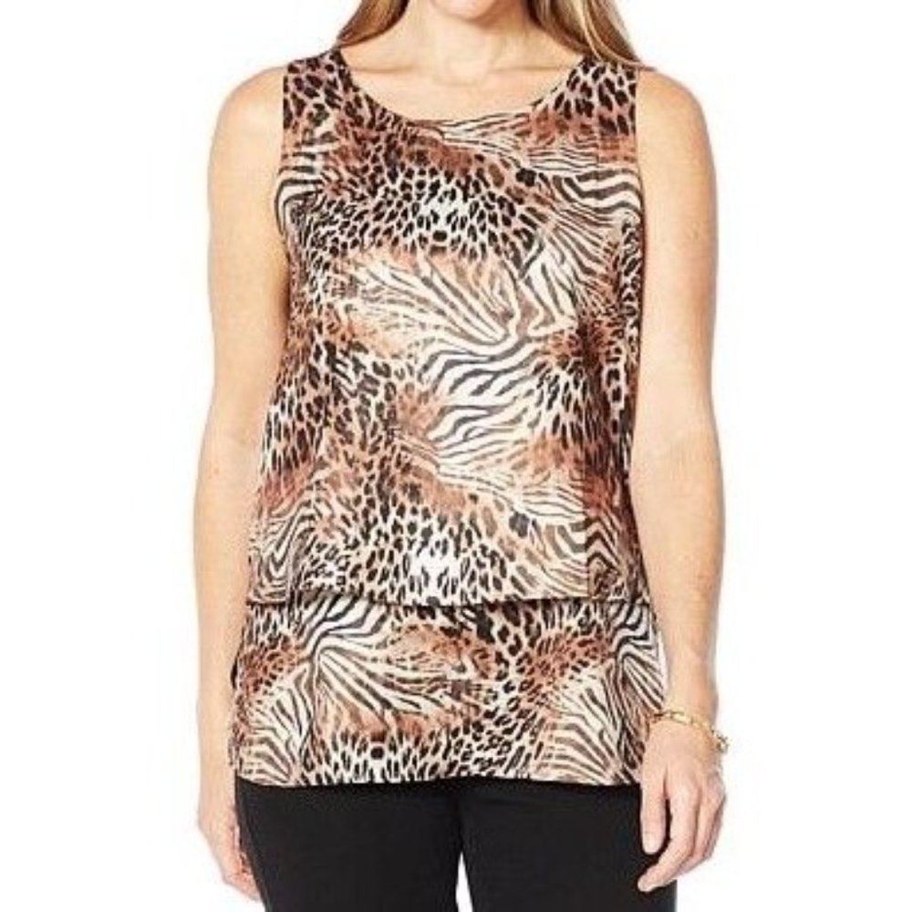 DG2 by Diane Gilman Printed Charmeuse Layered Easy Tank 775-837 Camel Leopard L